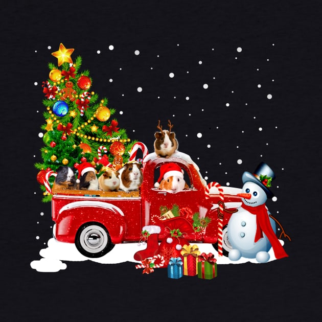 Red Truck Merry Christmas Tree Guines Dog Christmas T-Shirt by kimmygoderteart